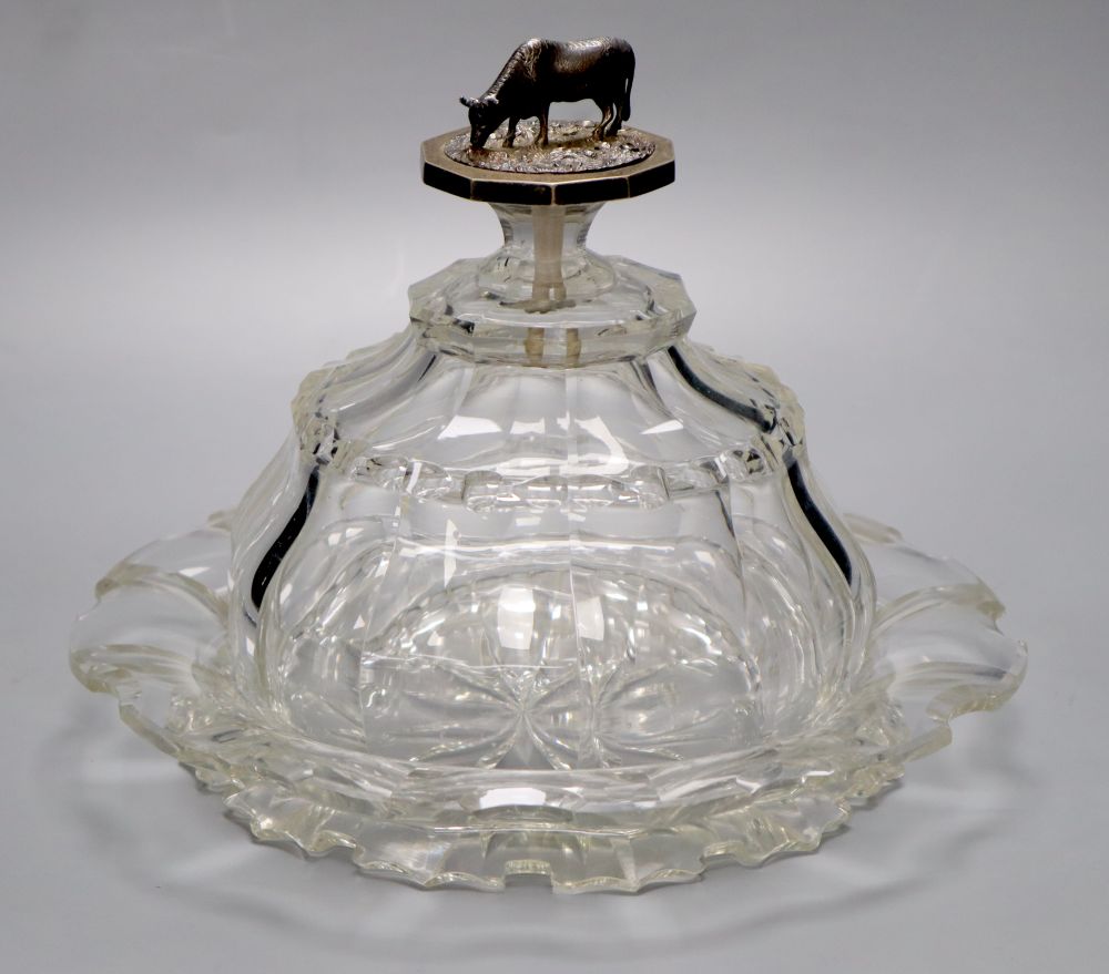 A Victorian cut glass cheese dish and cover with Dutch silver cow finial, diameter 26cm